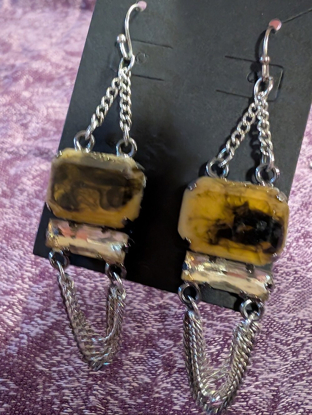 Handcrafted Yellow and Black Resin Dangle Earrings with Silver Chains - Picture 2 of 2